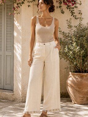 Theory Linen Pants Womens 10 White Wide Leg Frayed Hem Coastal Resort Minimalist